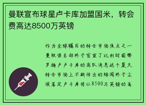 曼联宣布球星卢卡库加盟国米，转会费高达8500万英镑