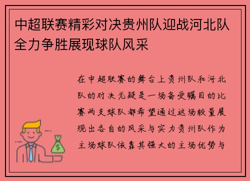 中超联赛精彩对决贵州队迎战河北队全力争胜展现球队风采