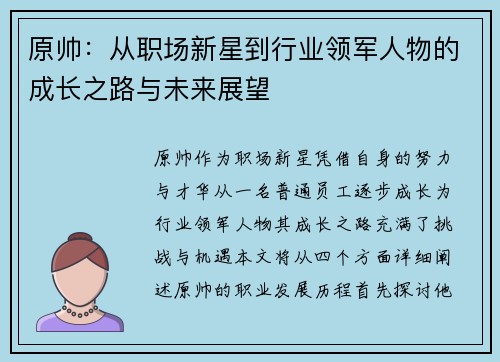 原帅：从职场新星到行业领军人物的成长之路与未来展望